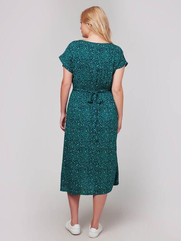 Leaf Print Tie Back Midi Dress+, Navy, large