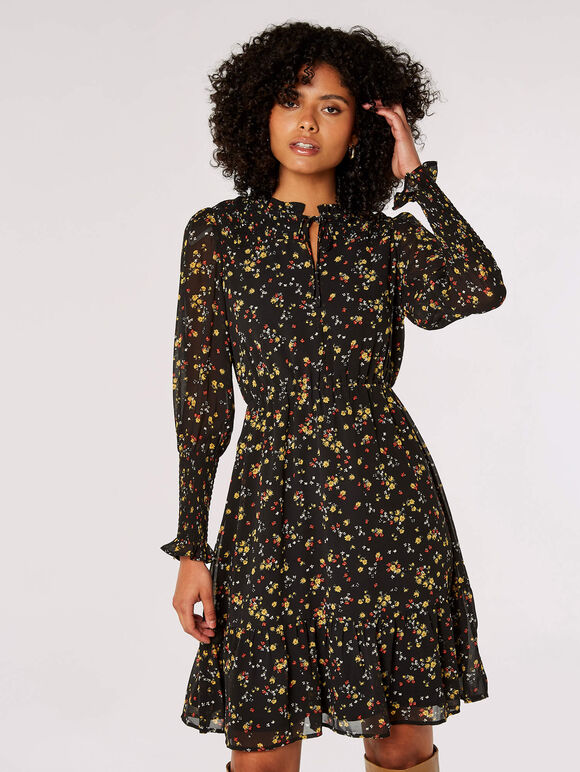 Ditsy Floral Ruffle Mini Dress, Black, large