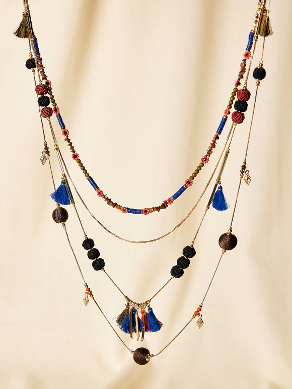 Blue Tassle Necklace, Blue, large