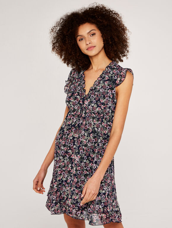 Floral Ruffle Dress, Navy, large