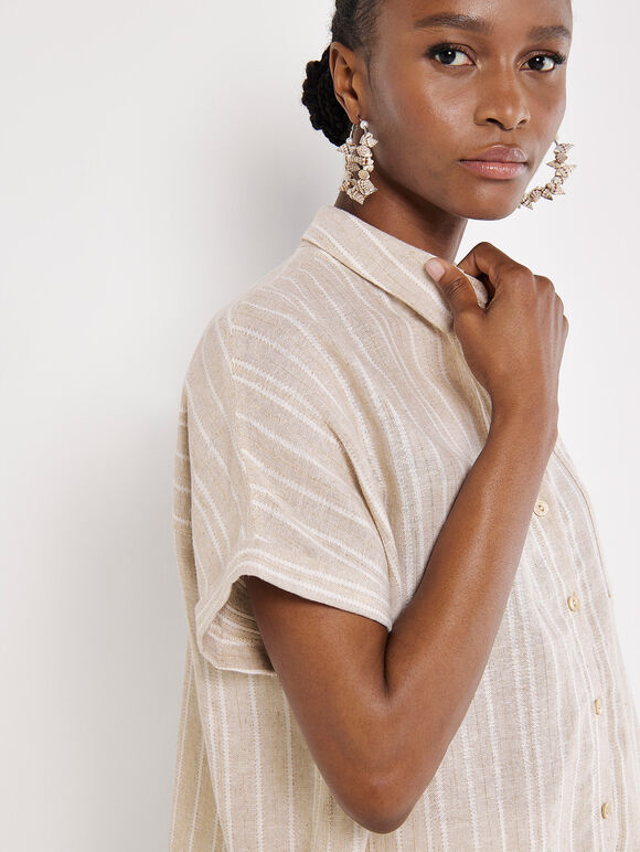Linen Blend Stripe Shimmer Shirt, Stone, large