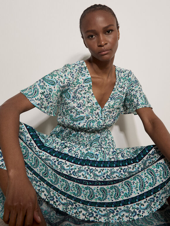 Paisley Print Tiered Maxi Dress, White, large