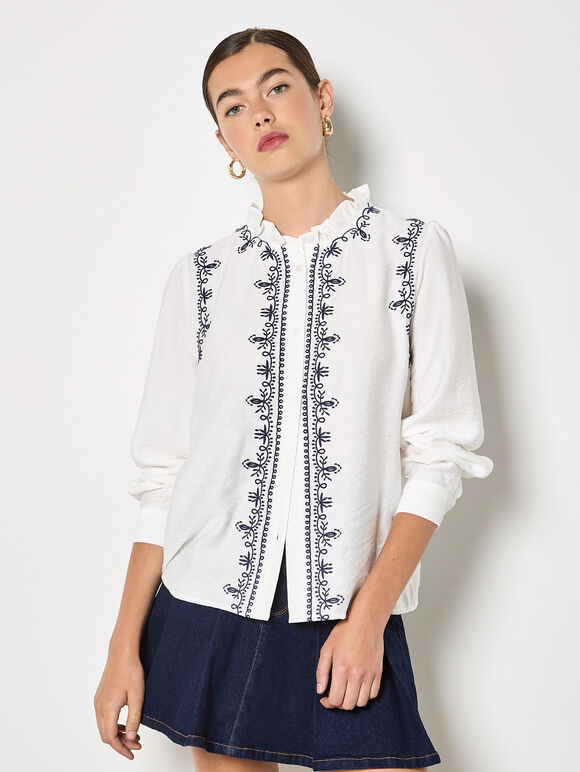 Ruffle Collar Embroidered Blouse, White, large