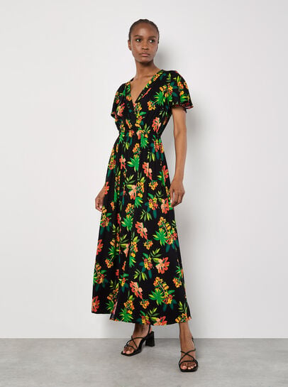 Tropical Print Wrap Maxi Dress