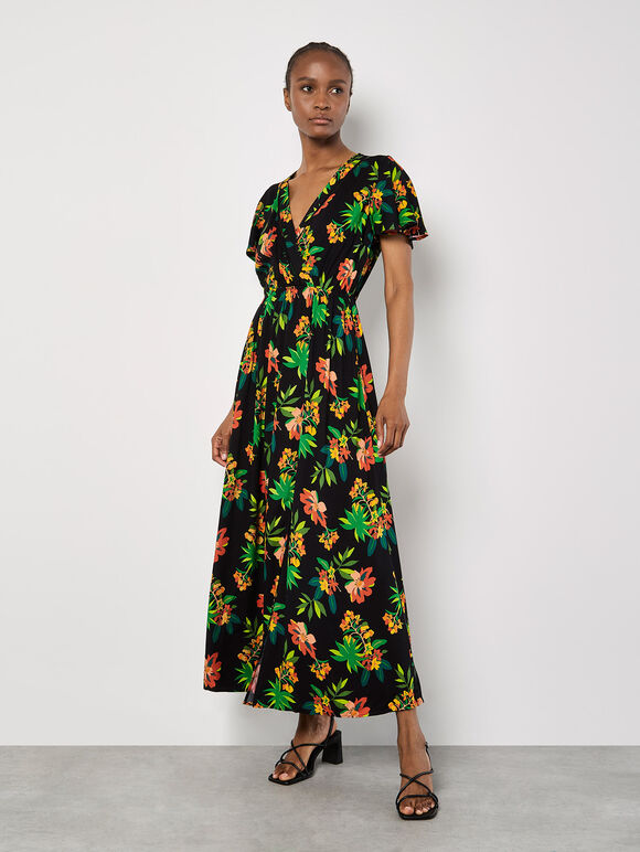 Tropical Print Wrap Maxi Dress, Black, large
