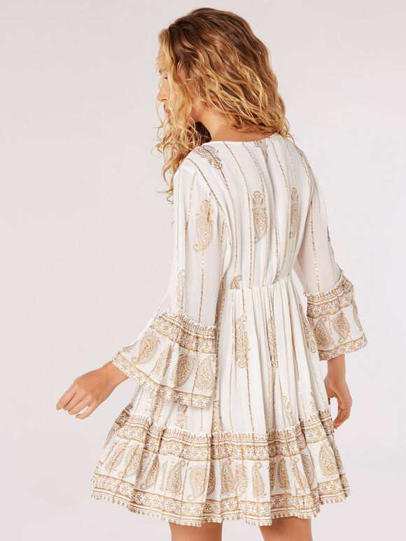 Paisley Shimmer Mini Dress, Cream, large