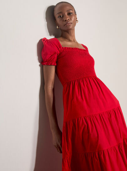 Cotton Tiered Milkmaid Midi Dress