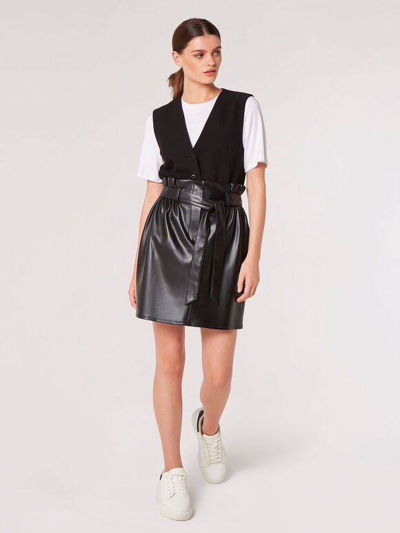 Leather-Look Paper Bag Mini Skirt, Black, large