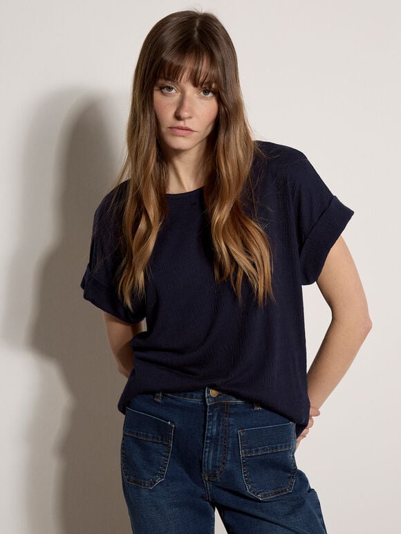 Button Back Textured T-Shirt, Navy, large