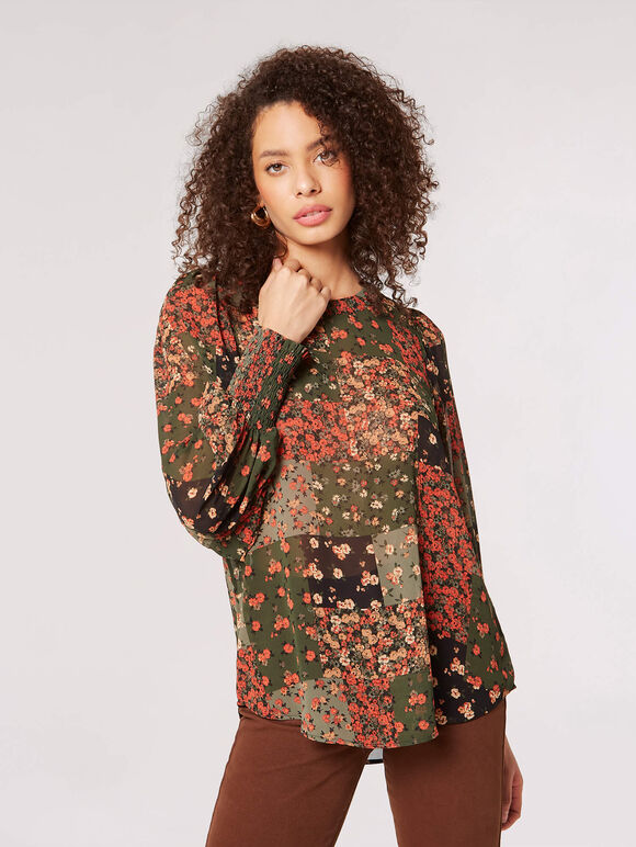 Patchwork Ditsy Floral Top, Green, large