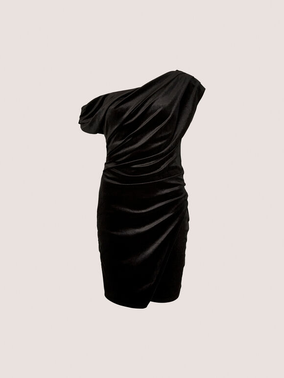 One-Shoulder Velvet Bodycon Mini Dress, Black, large