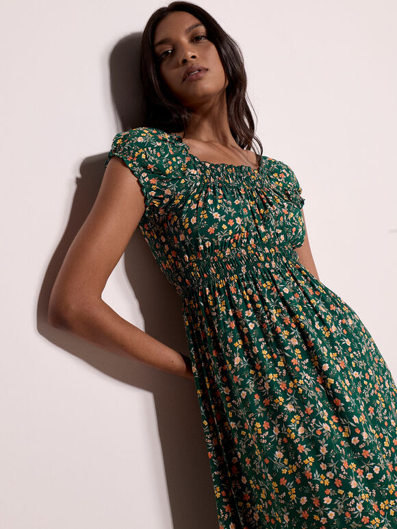 Garden Floral Milkmaid Midi Dress, Green, large