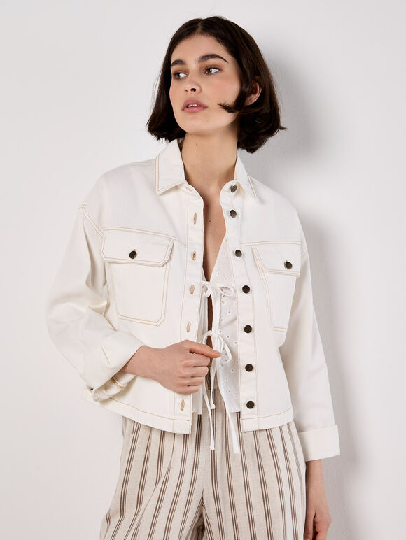 Cropped Cotton Denim Shirt, Cream, large