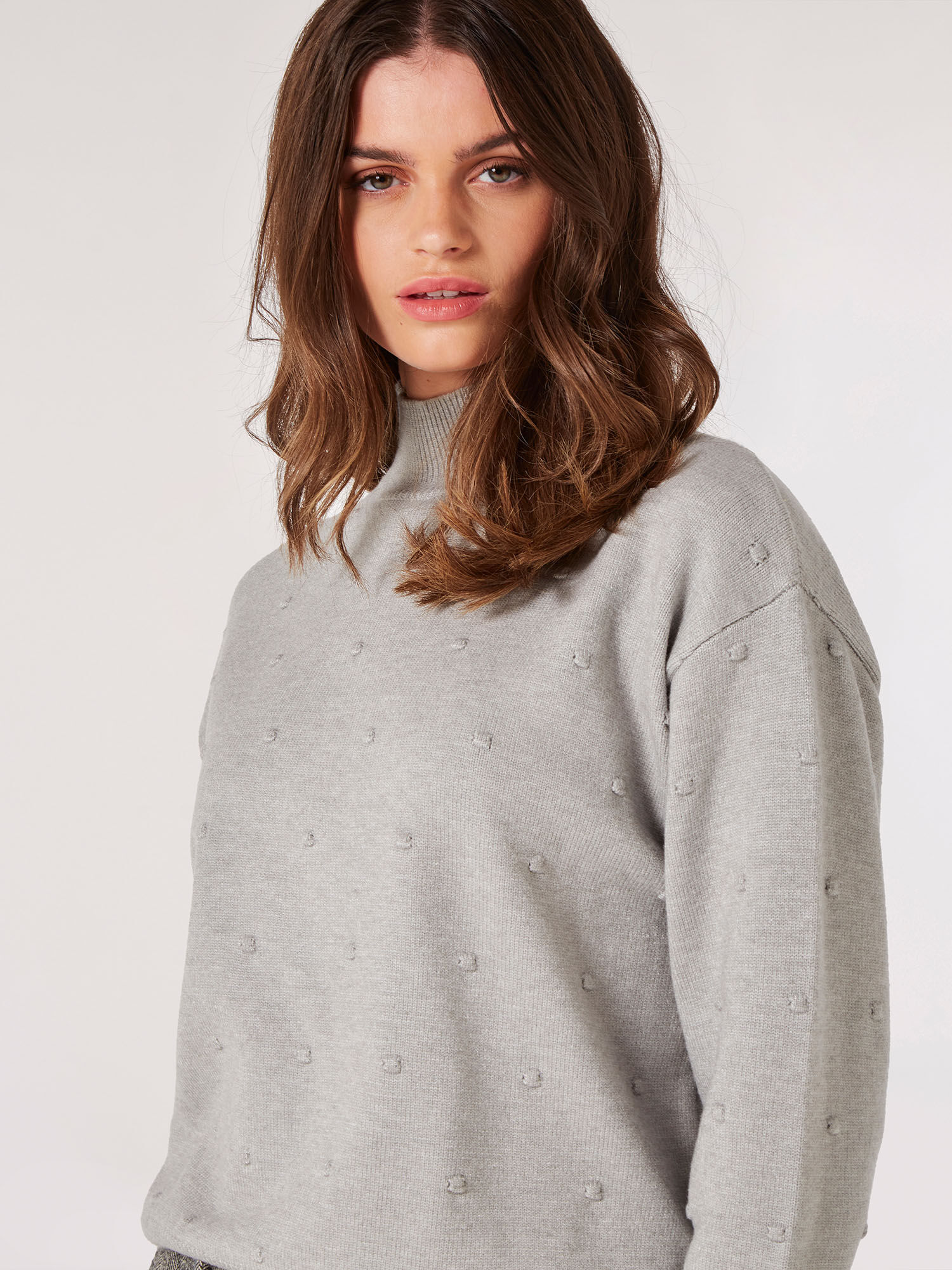 Bobble Embroidered Mock Neck Jumper Apricot Clothing