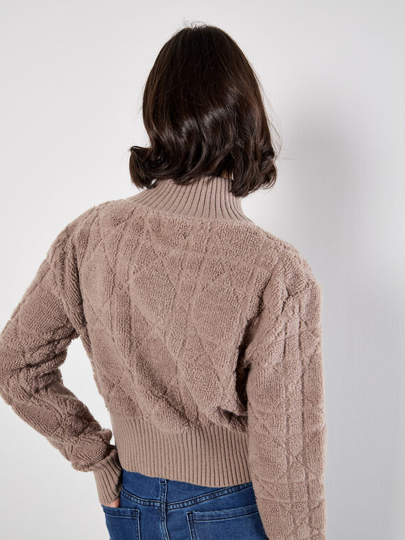 Boucle Knit Cropped Zip Cardigan, Brown, large