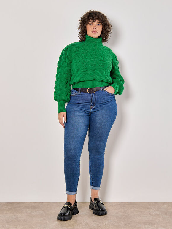 Curve Bubble Knit Roll Neck Jumper, Green, large