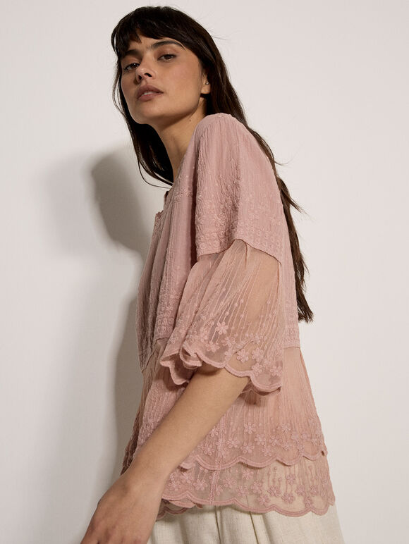Embroidered Cotton Mesh Blouse, Pink, large