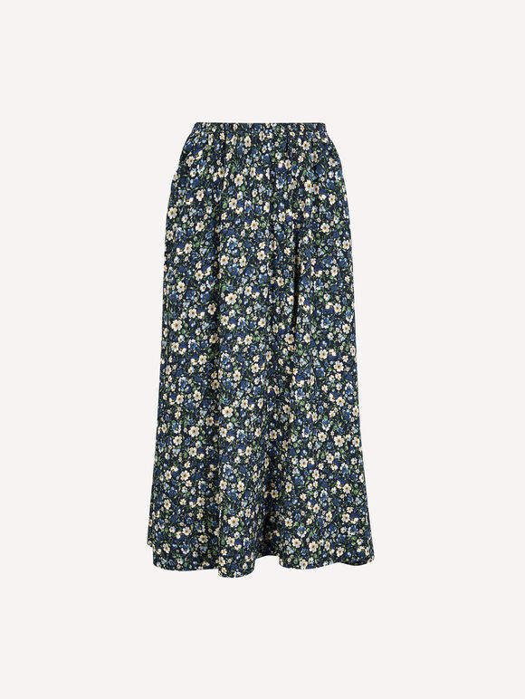 Floral Print A-Line Midaxi Skirt, Navy, large