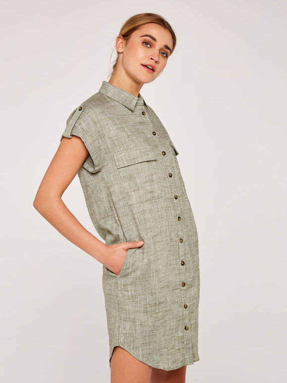 Linen Utility Dress, Khaki, large