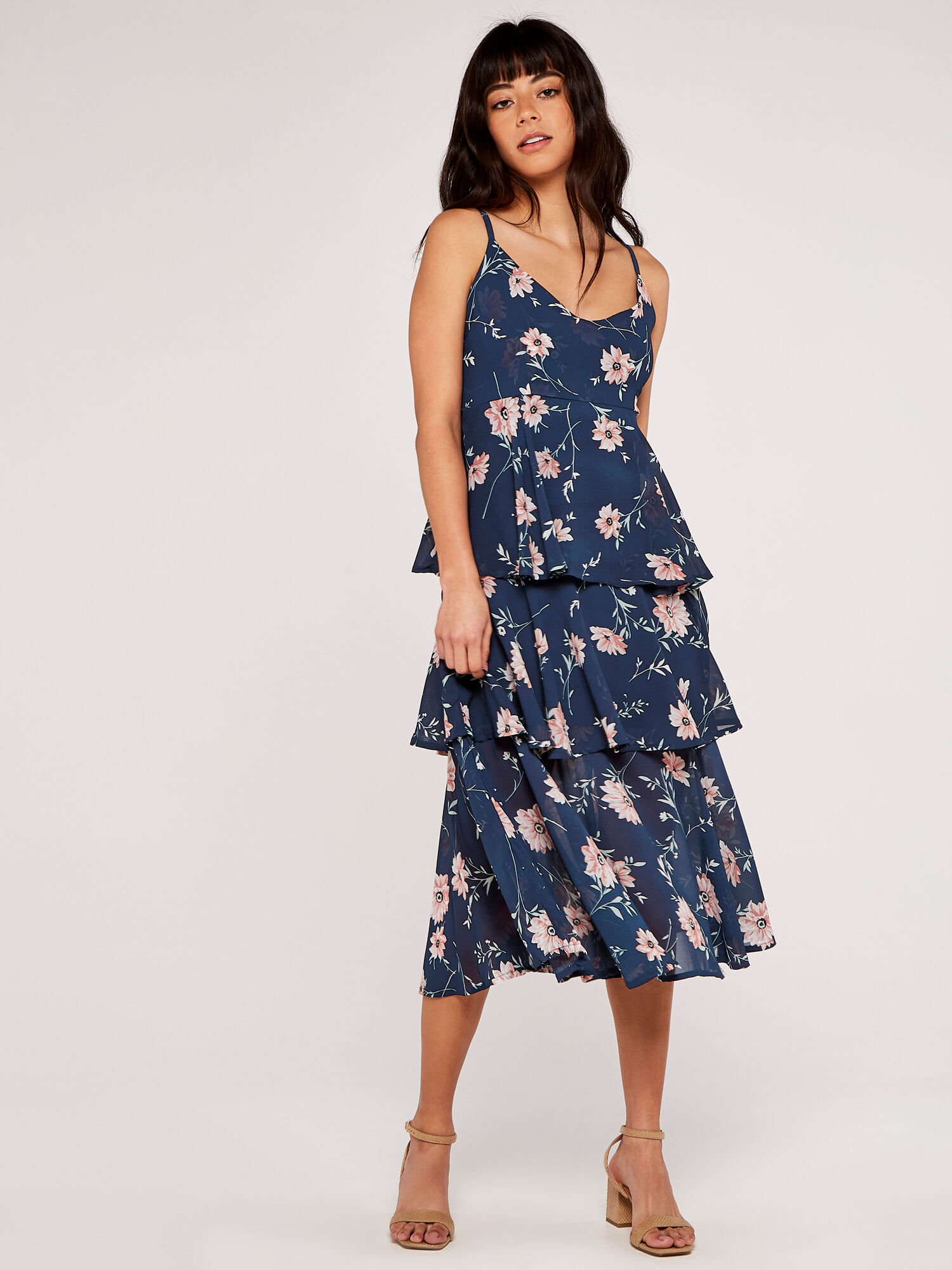 Floral Tiered Midi Dress Apricot Clothing