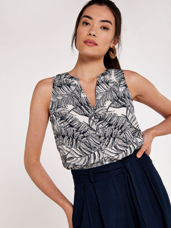 Tropical Print Button Top, Navy, large