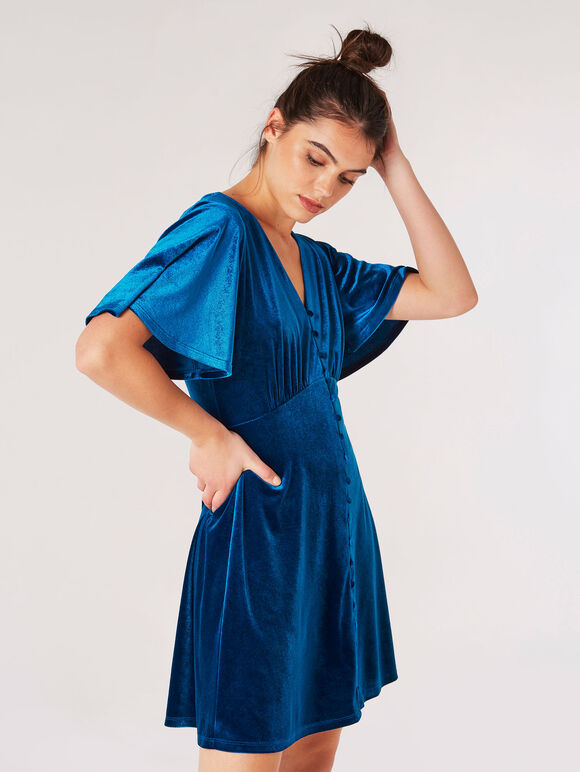 Angel Sleeve Velvet Dress, Blue, large