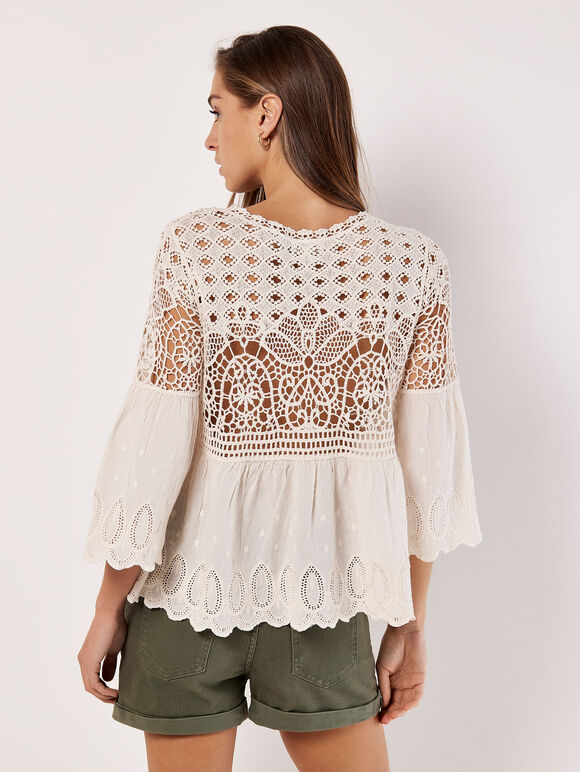 Crochet Lace Cotton Top, Stone, large