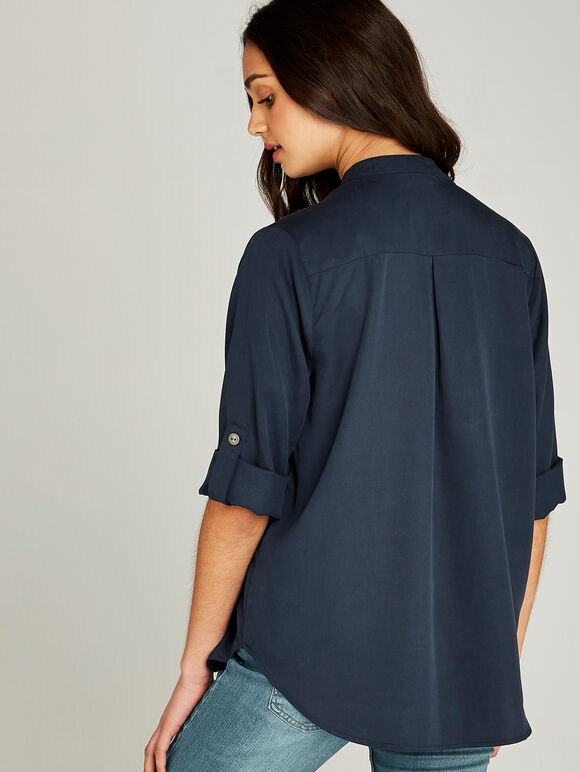 Collarless Three-Quarter Length Sleeve Top, Navy, large