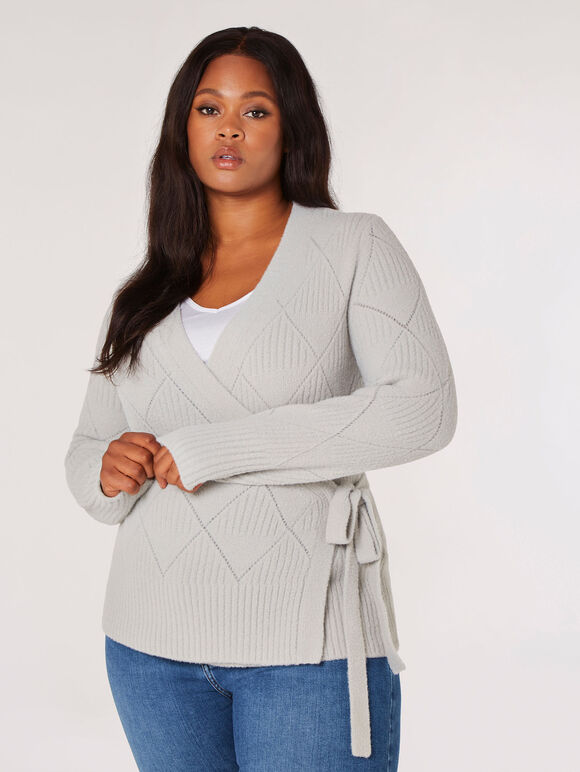 Curve Pointelle Wrap Jumper , Light Grey / Silver, large