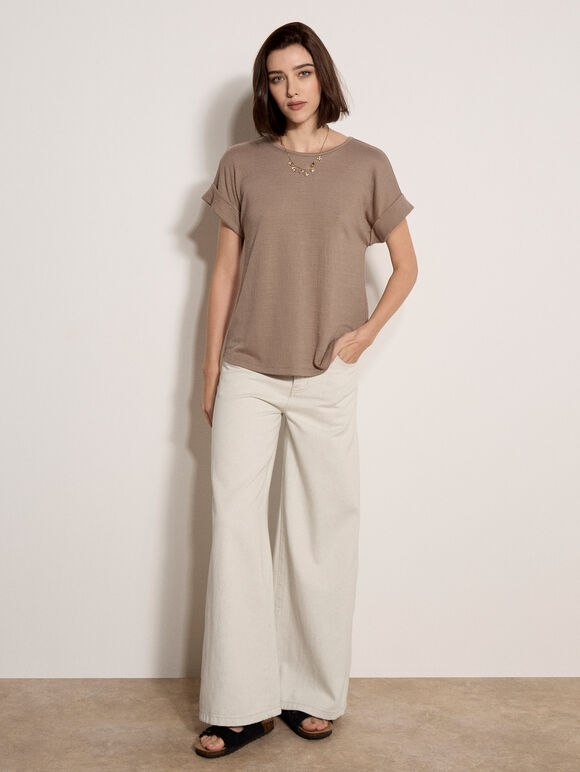 Button Back Textured T-Shirt, Stone, large