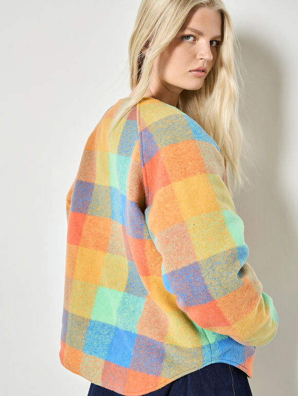 Reversible Check Fleece Quilted Jacket, Stone, large