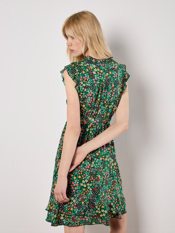 Ditsy Floral Ruffle Mini Dress, Green, large