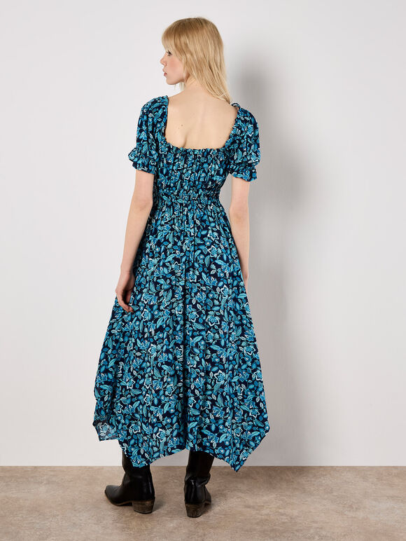 Sarasa Floral Milkmaid Midi Dress, Navy, large
