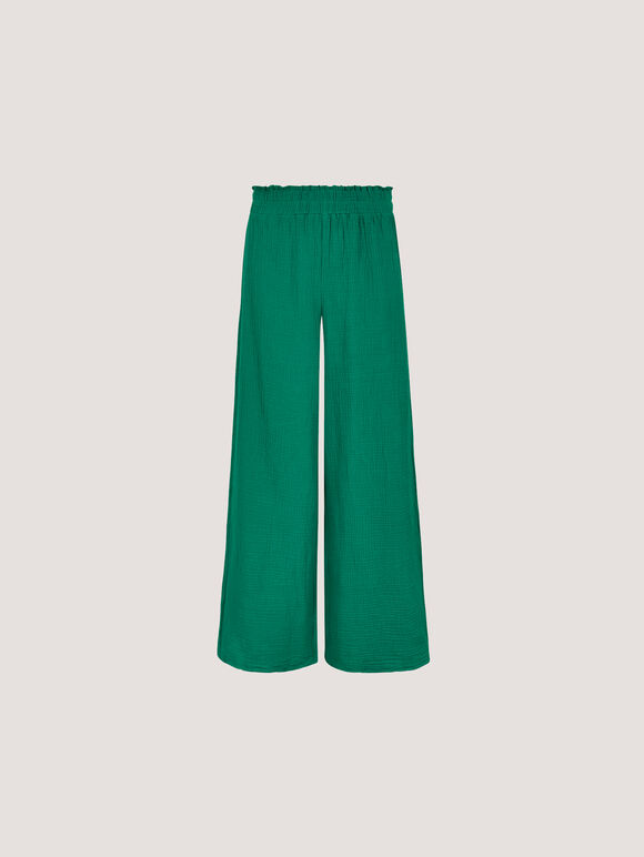 Textured Cotton Wide Leg Trousers, Green, large