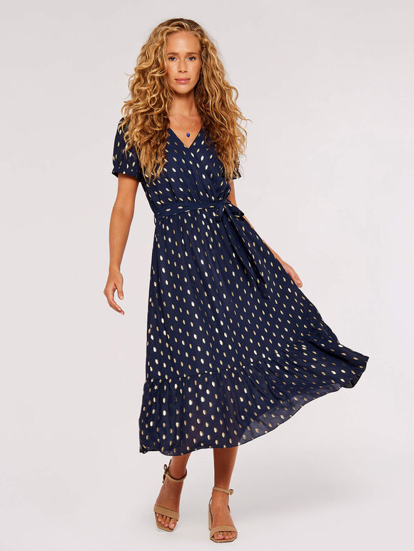 Gold Foil Oval Midi Dress, Navy, large