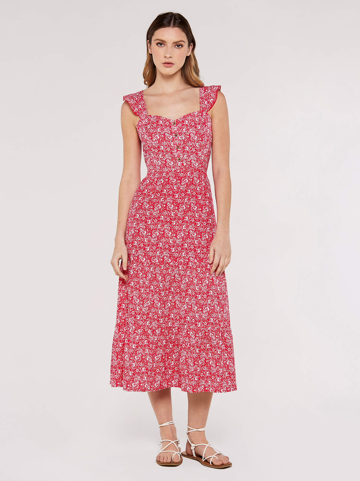 Ditsy Floral Tiered Midi Dress Apricot Clothing