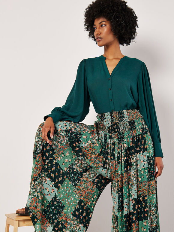 Floral Patchwork Crinkle Wide-Leg Trousers, Green, large