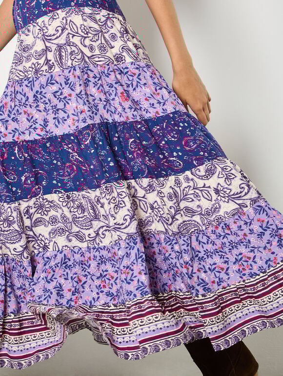 Patchwork Print Tiered Maxi Skirt, Purple, large
