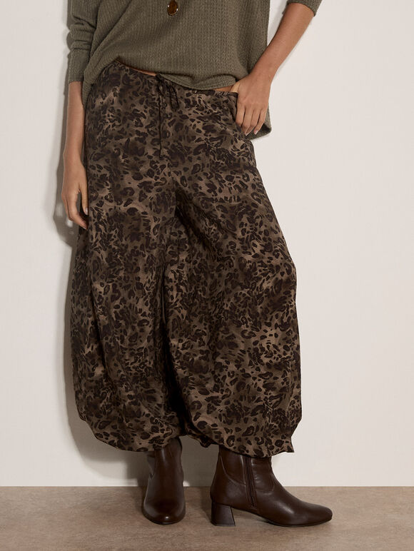 Leopard Print Wide-Leg Woven Trousers, Khaki, large