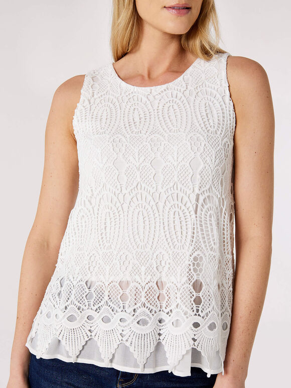 Crochet Layered Top, White, large