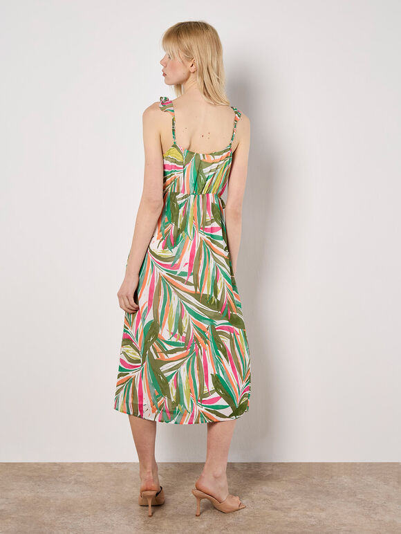 Palm Print Ruffle Midi Dress, Green, large