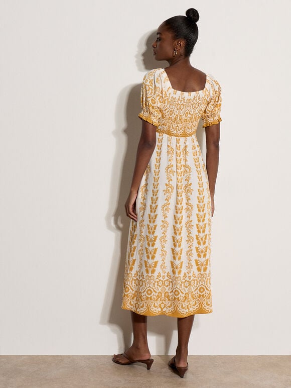 Butterfly Border Print Midi Dress, Mustard, large