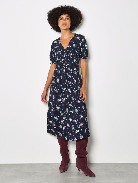 Floral Print Midi Dress, Navy, large