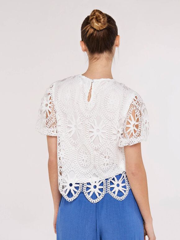 Lace Puff SleeveTop, White, large