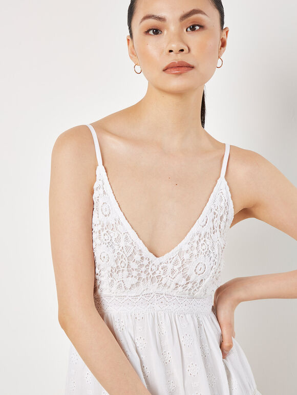 Embroidered Mesh Tiered Maxi Dress, Cream, large