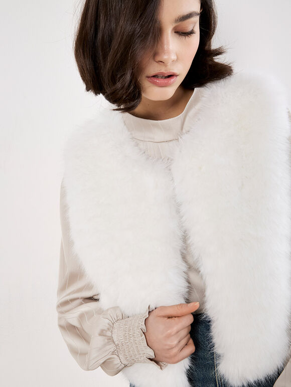 Faux Fur Cropped Gilet, White, large