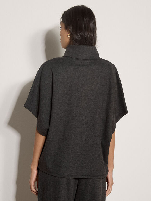 Herringbone Roll Neck Batwing Top, Dark Grey/Charcoal, large