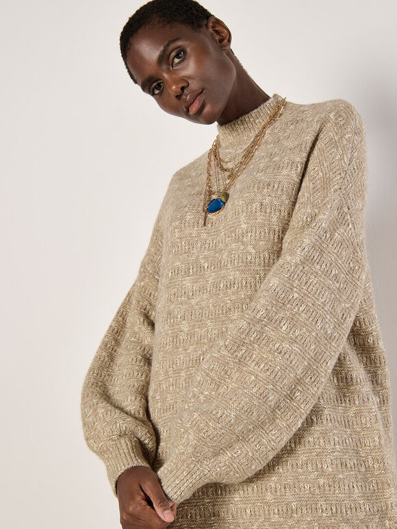 Flecked Knit Jumper Mini Dress, Stone, large