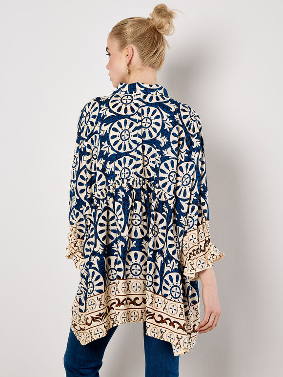 Block Print Oversized Shirt, Navy, large