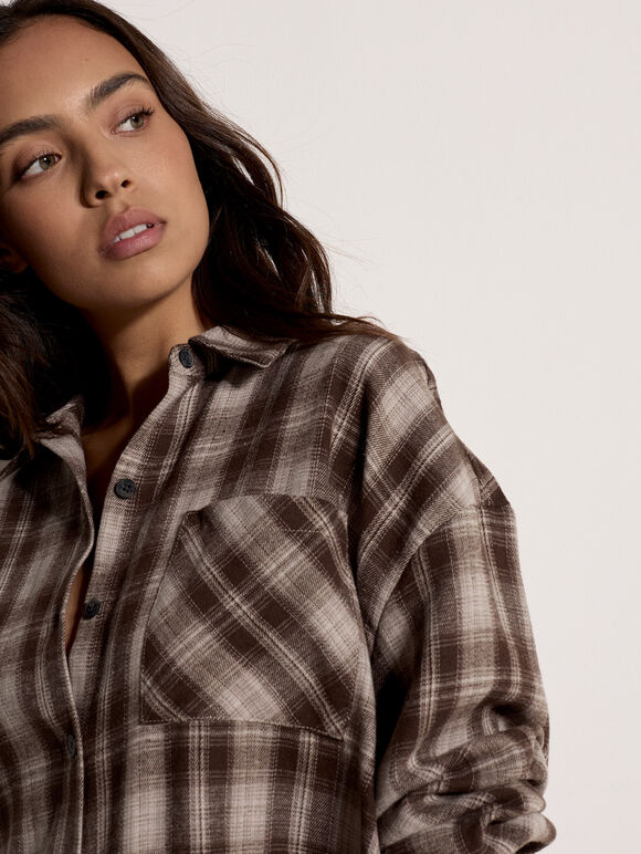 Check Print Oversized Shirt, Brown, large
